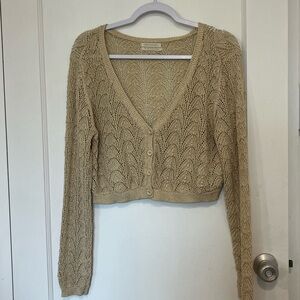 Urban Outfitters Cropped V-Neck Openwork Knit Cardigan - Cream